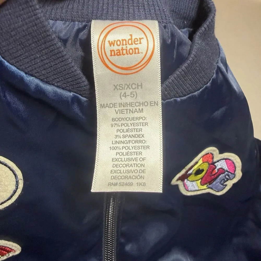 Wonder Nation Girls Blue Soft Rainbow Love Patch Crop Bomber Jacket Size XS 7-8